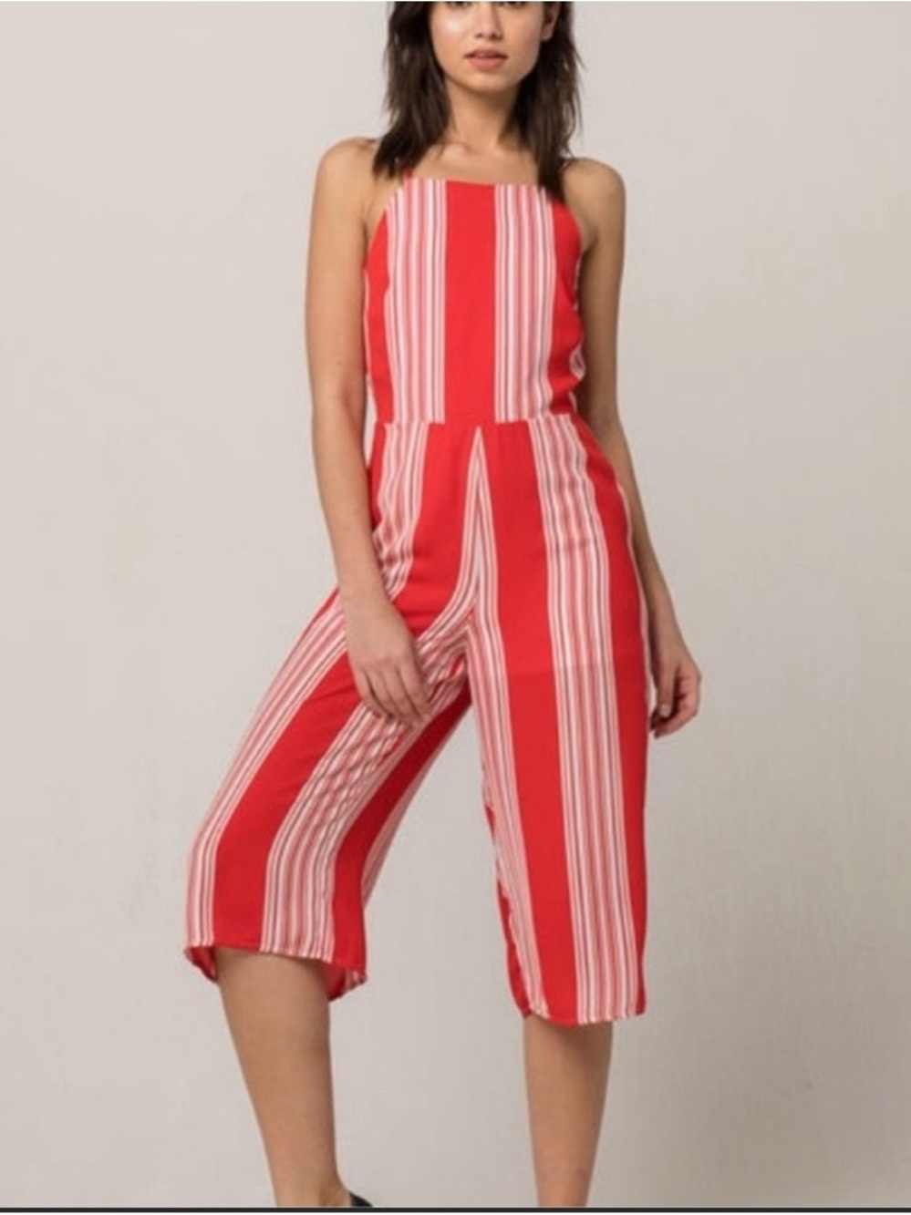 love, Fire Red and White Striped Wide-Leg Jumpsuit